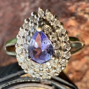 Elegant tanzanite and brilliant, white diamonds, Teardrop Ring